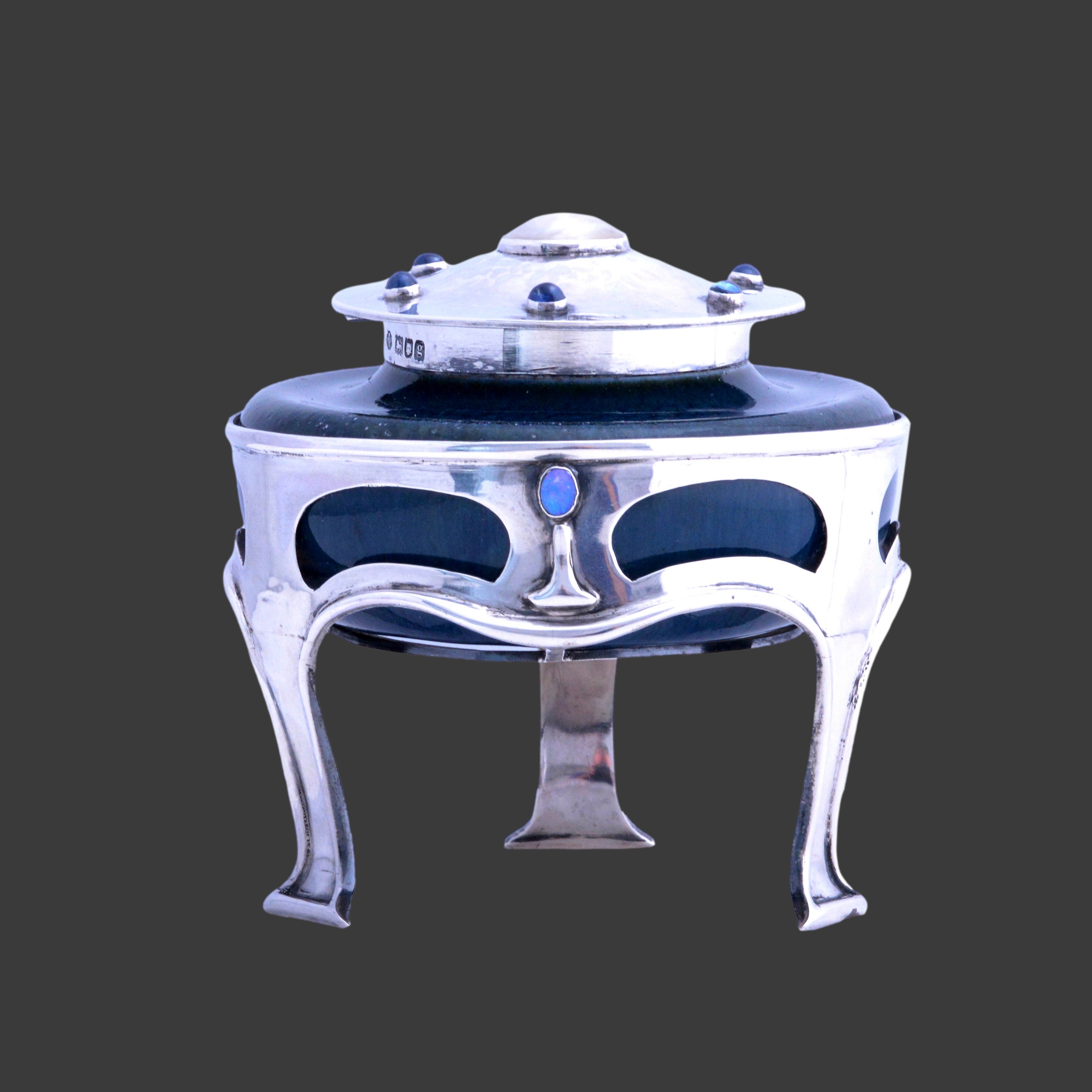 A Kate Harris art nouveau sapphire and opal set silver inkwell - Image 2